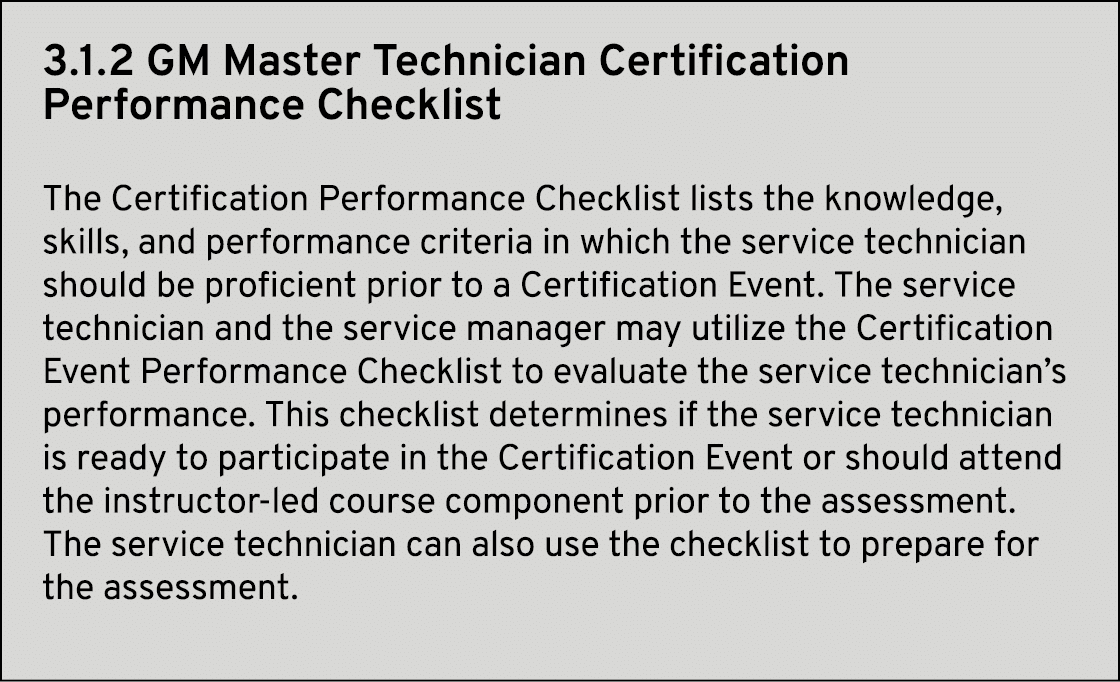 GM Master Technic﻿ian Certification Performance Checklist The Certification Performance Checklist lists the knowledge...